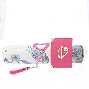 Velvet Pink Quran Gift Box | Tulip Design  Prayer Mat | 99 Beads Pearl Tasbeeh | Acetate Box Decorated With Ribbon | Gift For Her | AOJ9