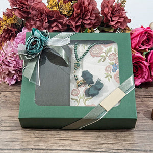 Green Gift Box | Silk Prayer Mat | 99 Beads Pearl Tasbeeh | Acetate Box Decorated With Ribbon | Personalized Gift | M716