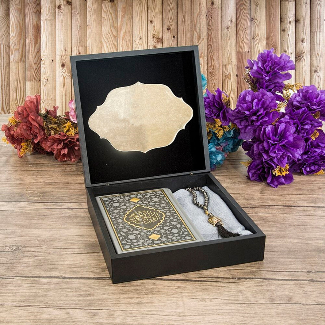 Special Design Black Wooden Gift Box | Gray Quran | 99 Bead Tasbeeh | Luxury Shawl | Special Design Box | Personalized Gift | AK19