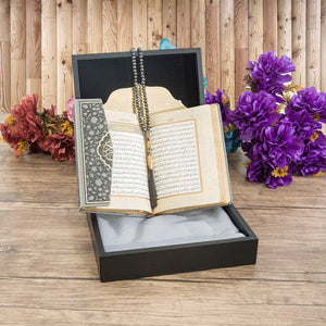 Special Design Black Wooden Gift Box | Gray Quran | 99 Bead Tasbeeh | Luxury Shawl | Special Design Box | Personalized Gift | AK19