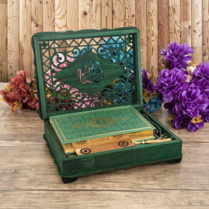 Lux Green Wooden Islamic Gift Box | Special Gift for Father | Thermo Leather Quran | Prayer Mat and Tasbeeh Set | Personalized Gift | AOS2