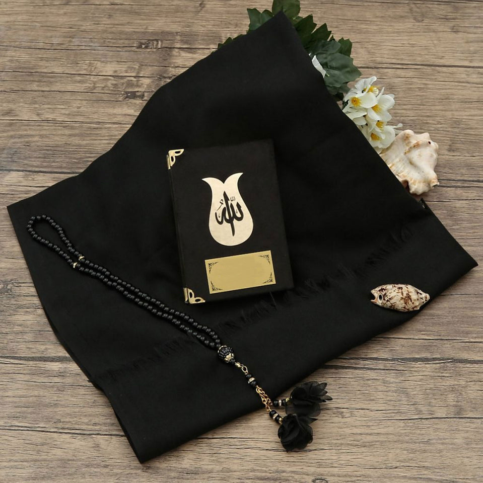Special Pocket Size Black Quran Gift Box | Crystal Tasbeeh| Cotton Black Shawl | Welcoming | Holy Book | Quran Gifts | M673