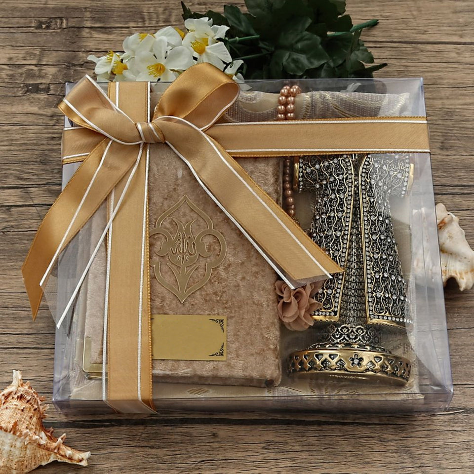 Velvet Brown Thermo Leather Quran | Acetate Gift Box | 99 Bead Tasbeeh | Cotton Prayer Mat | Special Design Biblo | Personalized Gift