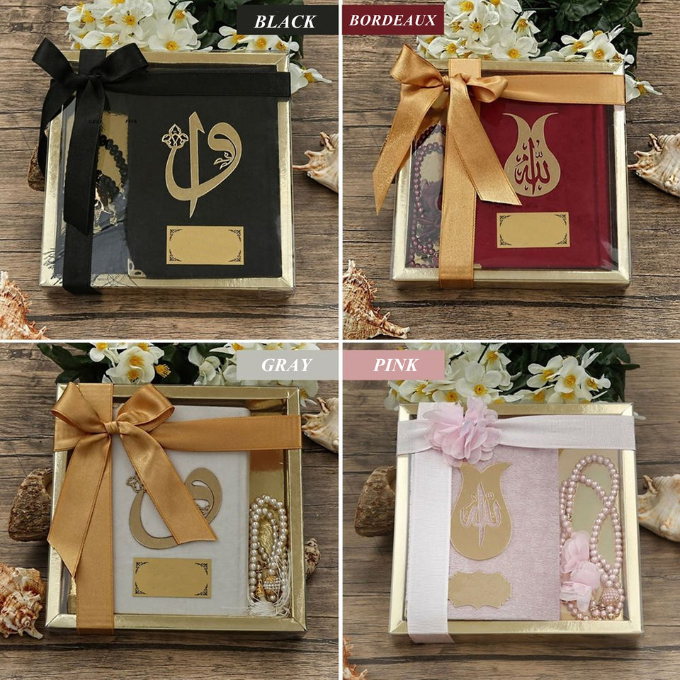Velvet Quran Gift Box | 99 Beads Pearl Tasbeeh | Gold Acetate Box Decorated With Ribbon | Personalized Gift | Unique Gift