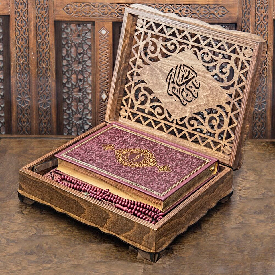 Special Design Wooden Gift Box | Thermo Leather Quran | Prayer Mat | 99 Beads Tasbeeh | Unique Gift | Personalized Gift | AOK5