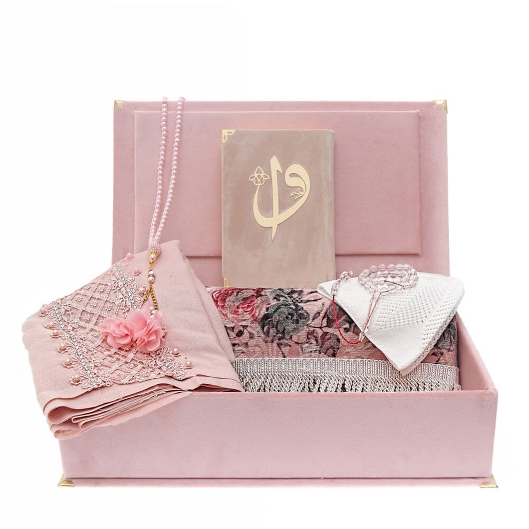 Unique Design Velvet Pink Gift Box | Velvet Quran | Prayer Mat | 33 Beads Pearl Tasbeeh | Luxury Shawl | Kufi hat Quran Gift Box