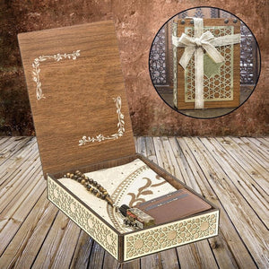 Personalized Wooden Gift Box | Prayer Mat | 33 Beads Tasbeeh | Leather Brown Wallet | Personalized Gift | AOL9