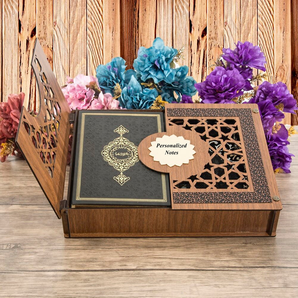Thermo Leather Quran Wooden Gift Box | Prayer Mat | 33 Beads Tasbeeh | Taqiyah | Personalized Gift | AOJ7