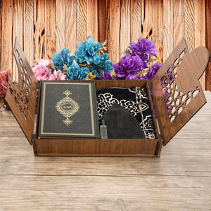 Thermo Leather Quran Wooden Gift Box | Prayer Mat | 33 Beads Tasbeeh | Taqiyah | Personalized Gift | AOJ7