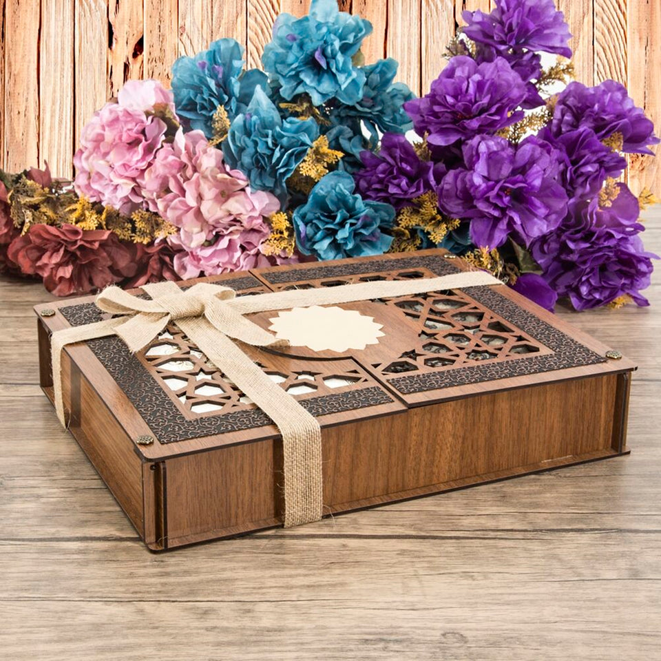Thermo Leather Quran Wooden Gift Box | Prayer Mat | 33 Beads Tasbeeh | Taqiyah | Personalized Gift | AOJ7