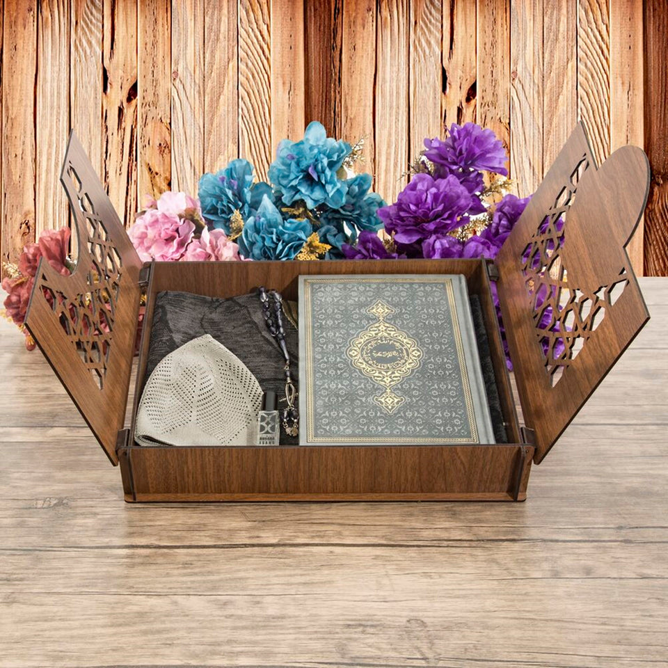 Thermo Leather Gray Quran Wooden Gift Box | Prayer Mat | 33 Beads Tasbeeh | Taqiyah | Personalized Gift | AOK7