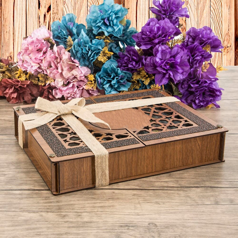 Thermo Leather Gray Quran Wooden Gift Box | Prayer Mat | 33 Beads Tasbeeh | Taqiyah | Personalized Gift | AOK7