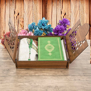 Thermo Leather Green Quran Wooden Gift Box Decorated With Ribbon | Prayer Mat | 33 Beads Tasbeeh | Personalized Gift | AOK2