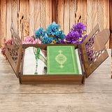 Thermo Leather Green Quran Wooden Gift Box Decorated With Ribbon | Prayer Mat | 33 Beads Tasbeeh | Personalized Gift | AOK2
