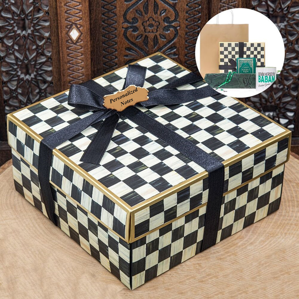Leather Covered Quran | Square Gift Box | Prayer Mat | 33 Beads Tasbeeh | Craft Bag | Personalized Cup | Personalized Gift | AOT4
