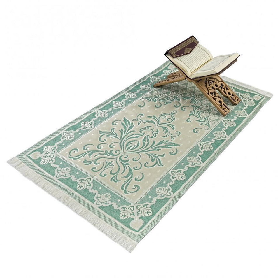 Velvet Olive Green Quran | Acetate Gift Box | 99 Bead Pearl Tasbeeh | Luxury Prayer Mat | Islamic Gift | Personalized Gift | M654