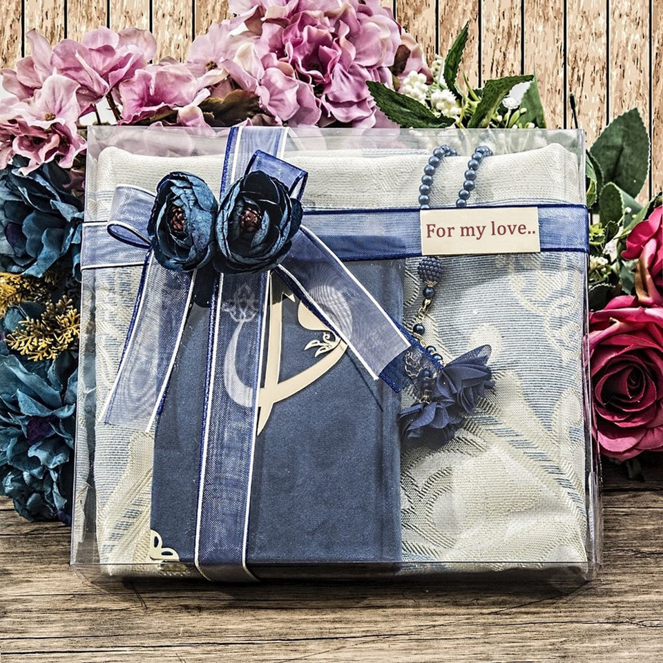 Dark Blue Quran Gift Set, Quran Favors, Islamic Wedding Gift, Prayer Mat Set, Hajj Mabrour, Hajj Favors, Mevlut Favors, Ameen Gift