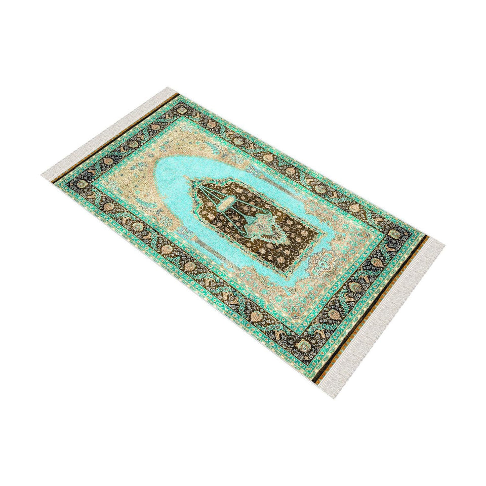 Turquoise Carpet Soft Padded Prayer Rug | Cotton Layer Janamaz | Anti Slip Backing Bamboo Cotton Prayer Mat | Islamic Gifts