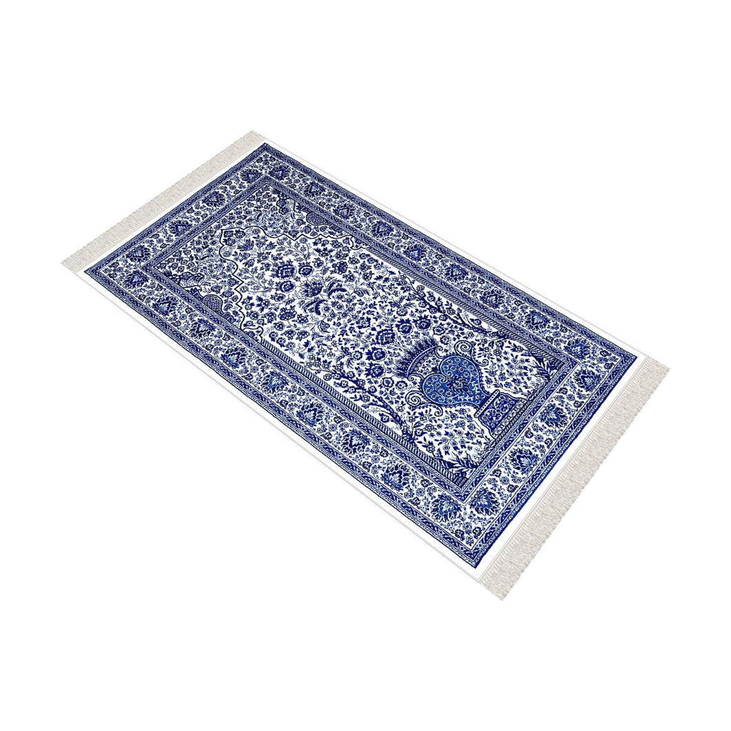 Blue Ottoman Tiles Soft Padded Prayer Rug | Cotton Layer Janamaz | Anti Slip Backing Bamboo Cotton Prayer Mat | Ramadan Gift