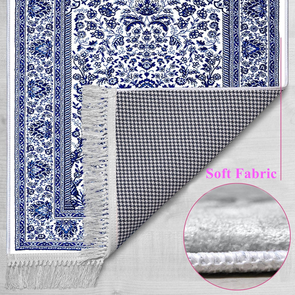 Blue Ottoman Tiles Soft Padded Prayer Rug | Cotton Layer Janamaz | Anti Slip Backing Bamboo Cotton Prayer Mat | Ramadan Gift