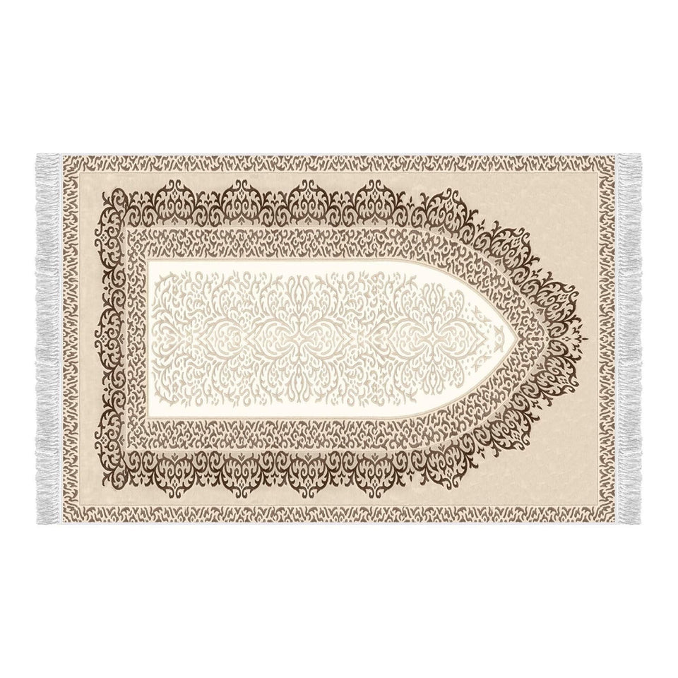 Decorated Beige Soft Padded Prayer Rug | Cotton Layer Janamaz | Anti Slip Backing Bamboo Cotton Prayer Mat | Islamic Gifts