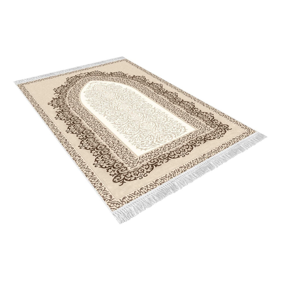 Decorated Beige Soft Padded Prayer Rug | Cotton Layer Janamaz | Anti Slip Backing Bamboo Cotton Prayer Mat | Islamic Gifts
