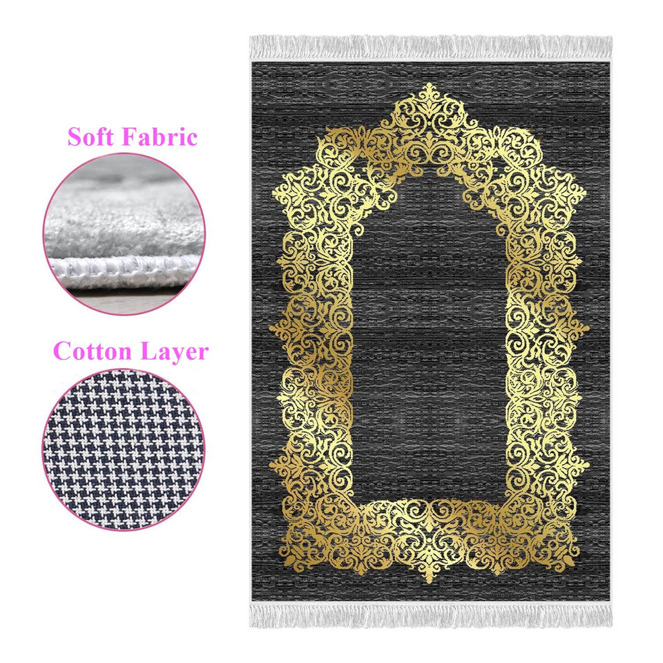 Gold Gilded Black Soft Padded Prayer Rug | Cotton Layer Janamaz | Anti Slip Backing Bamboo Cotton Prayer Mat | Islamic Gifts