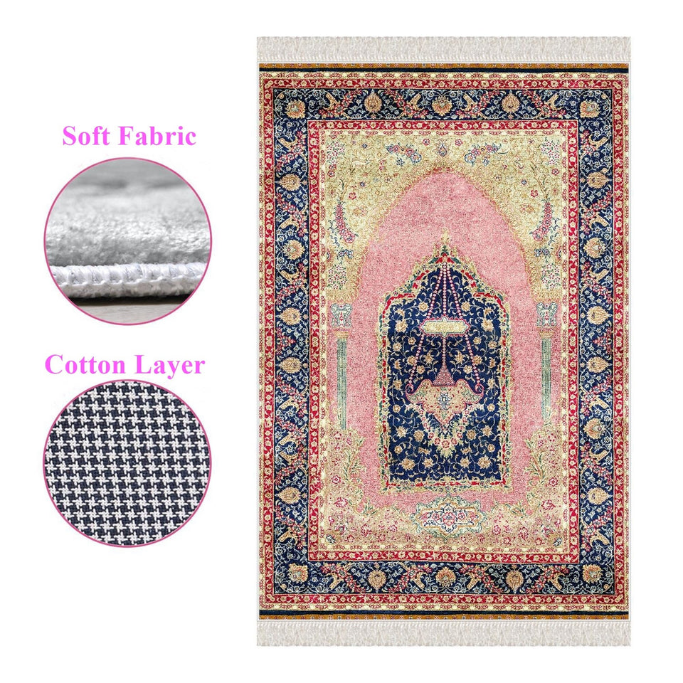 Pink Palace Chandelier Soft Padded Prayer Rug | Cotton Layer Janamaz | Anti Slip Backing Bamboo Cotton Prayer Mat | Islamic Gifts