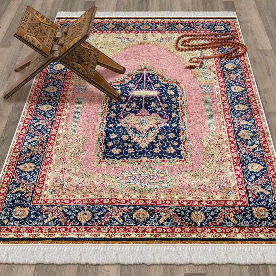 Pink Palace Chandelier Soft Padded Prayer Rug | Cotton Layer Janamaz | Anti Slip Backing Bamboo Cotton Prayer Mat | Islamic Gifts