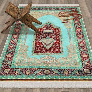 Turquoise Palace Chandelier Soft Padded Prayer Rug | Cotton Layer Janamaz | Anti Slip Backing Bamboo Cotton Prayer Mat | Islamic Gifts 01