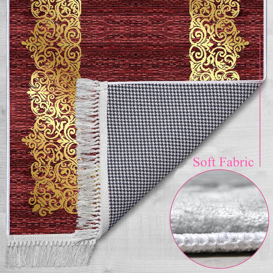 Gold Gilded Crimson Red Soft Padded Prayer Rug | Cotton Layer Janamaz | Anti Slip Backing Bamboo Cotton Prayer Mat | Islamic Gifts