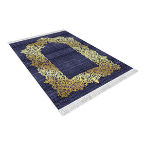 Gold Gilded Navy Blue Soft Padded Prayer Rug | Cotton Layer Janamaz | Anti Slip Backing Bamboo Cotton Prayer Mat | Islamic Gifts