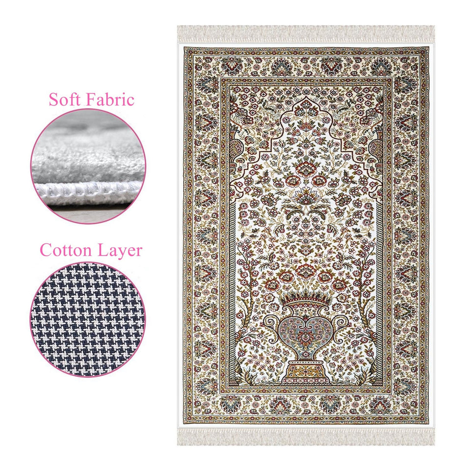 Beige Red and Brown Ottoman Tiles Soft Padded Prayer Rug | Cotton Layer Janamaz | Anti Slip Backing Bamboo Cotton Prayer Mat | Islamic Gifts
