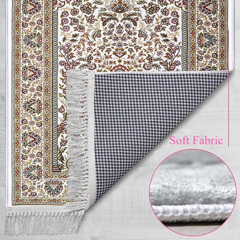 Beige Red and Brown Ottoman Tiles Soft Padded Prayer Rug | Cotton Layer Janamaz | Anti Slip Backing Bamboo Cotton Prayer Mat | Islamic Gifts