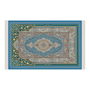Traditional Motif Blue Carpet Soft Padded Prayer Rug | Cotton Layer Janamaz | Anti Slip Backing Bamboo Cotton Prayer Mat | Islamic Gifts