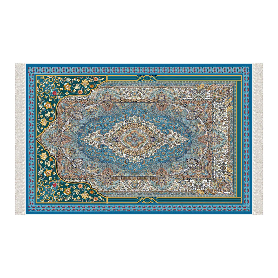 Traditional Motif Blue Carpet Soft Padded Prayer Rug | Cotton Layer Janamaz | Anti Slip Backing Bamboo Cotton Prayer Mat | Islamic Gifts