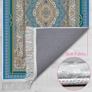 Traditional Motif Blue Carpet Soft Padded Prayer Rug | Cotton Layer Janamaz | Anti Slip Backing Bamboo Cotton Prayer Mat | Islamic Gifts