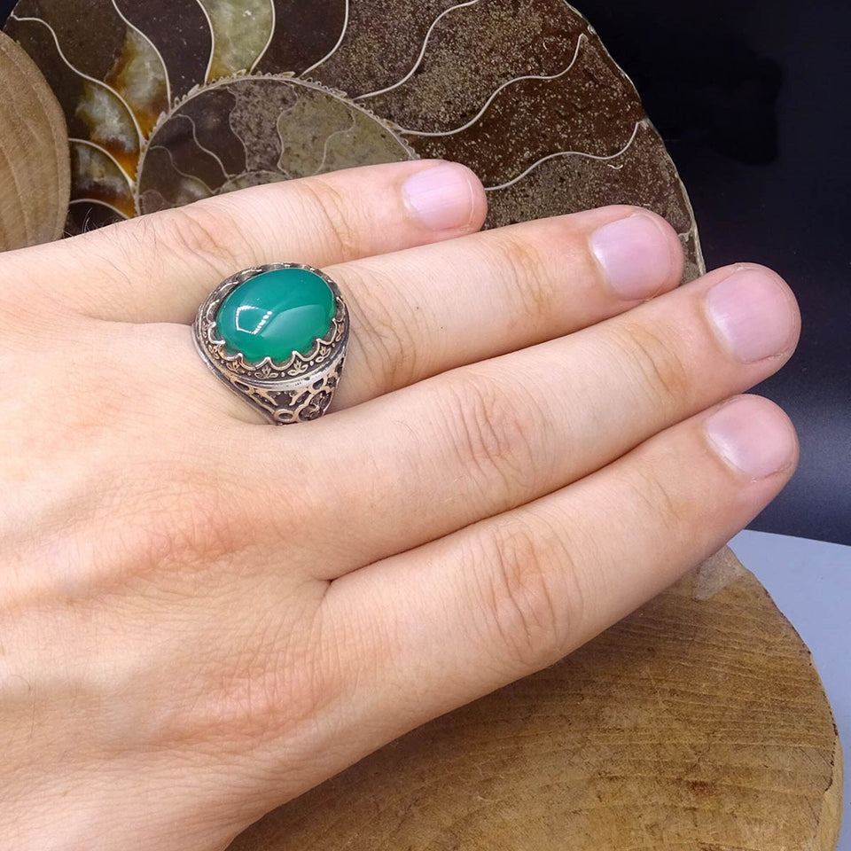 Handmade Green Agate Stoned Ring, Sterling Silver Mens Ring, Mens Turquoise Stone Ring, Signet Ring, Personalised Gift