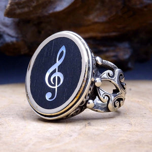 Mother Of Pearl Inlay Treble Clef Ring for Men | Sterling Silver Ring | Personalized Ring | Silver Signet Ring