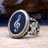 Mother Of Pearl Inlay Treble Clef Ring for Men | Sterling Silver Ring | Personalized Ring | Silver Signet Ring