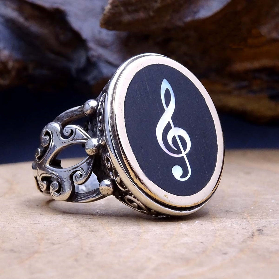 Mother Of Pearl Inlay Treble Clef Ring for Men | Sterling Silver Ring | Personalized Ring | Silver Signet Ring