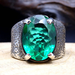 Silver Ring With HydroQuartz Emerald Stone | Sterling Silver Shiny Semi Precious Stone Ring | Mens Oval Ring | Muslim Ring | 925 Silver Ring