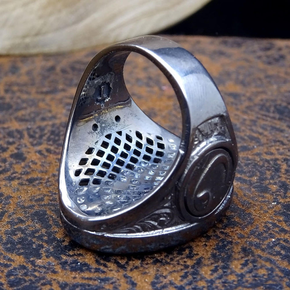 Ayat al Kursi written Black Aqeeq Stone Silver Ring | Mens Agate Stone Ring | Signet Ring | Personalized Ring | İslamic Ring | Gift For Him|