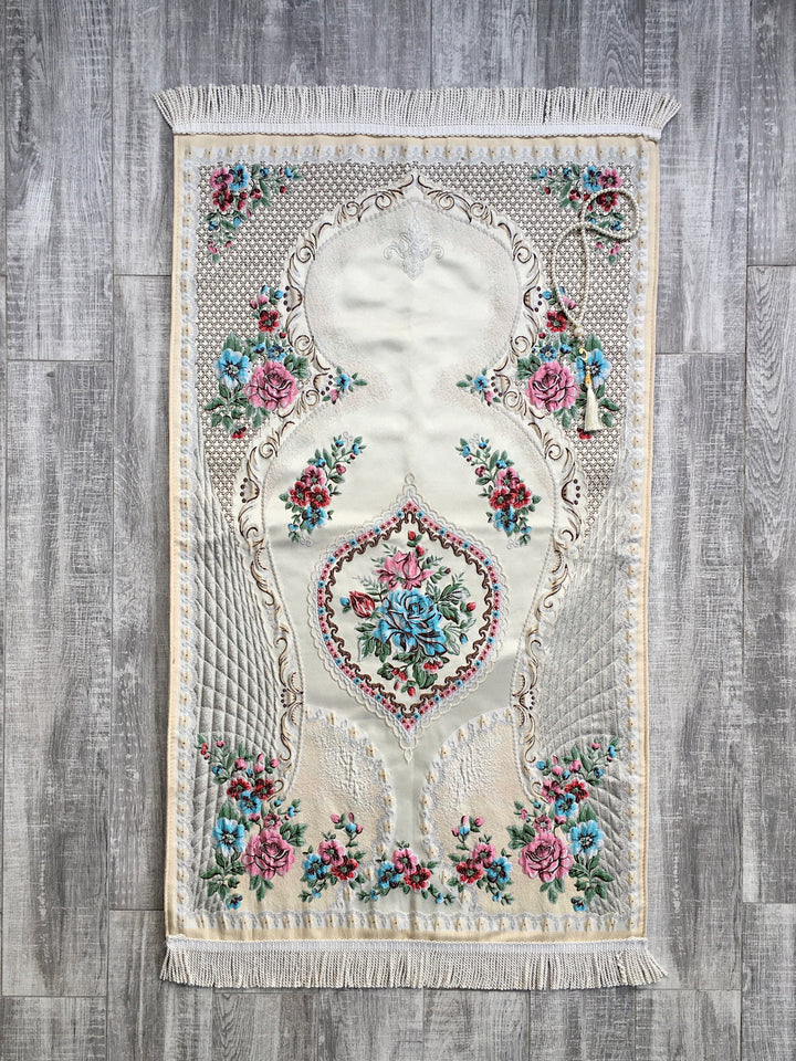 Lux Pink Roses Prayer Mat | Dowries Prayer Rug | Wedding Gift | Prayer Rug with tasbih | Sajjada | Janamaz YSLM69 - islamicbazaar
