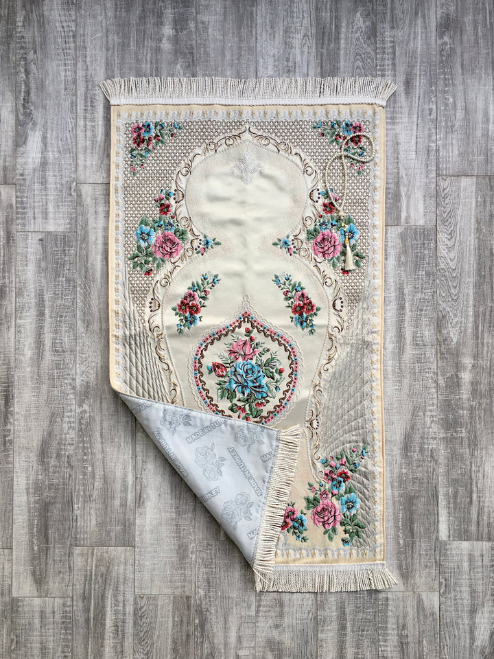 Lux Pink Roses Prayer Mat | Dowries Prayer Rug | Wedding Gift | Prayer Rug with tasbih | Sajjada | Janamaz YSLM69 - islamicbazaar