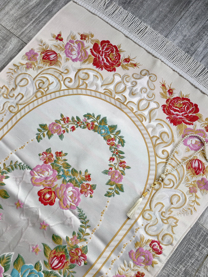 Lux Red Roses Prayer Mat | Dowries Prayer Rug | Wedding Gift | Prayer Rug with tasbih | Sajjada | Janamaz YSLM70 - islamicbazaar