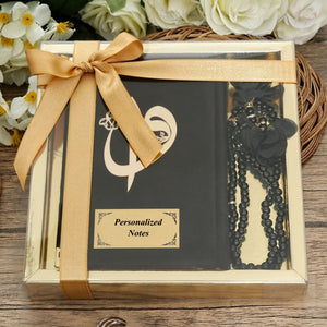 Father's Day Gift Black-Golden Gift Box | Velvet Quran Book | 99 Bead Pearl Tasbeeh With Tassel | Islamic Gift | Personalized Gift