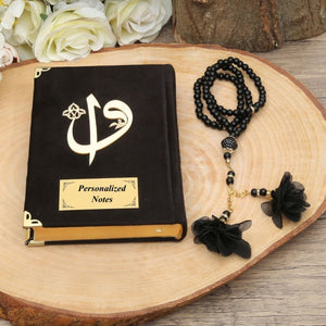 Father's Day Gift Black-Golden Gift Box | Velvet Quran Book | 99 Bead Pearl Tasbeeh With Tassel | Islamic Gift | Personalized Gift