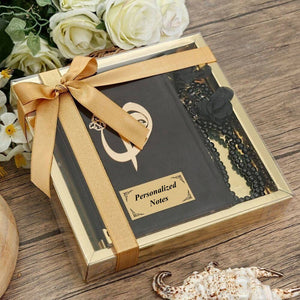Father's Day Gift Black-Golden Gift Box | Velvet Quran Book | 99 Bead Pearl Tasbeeh With Tassel | Islamic Gift | Personalized Gift
