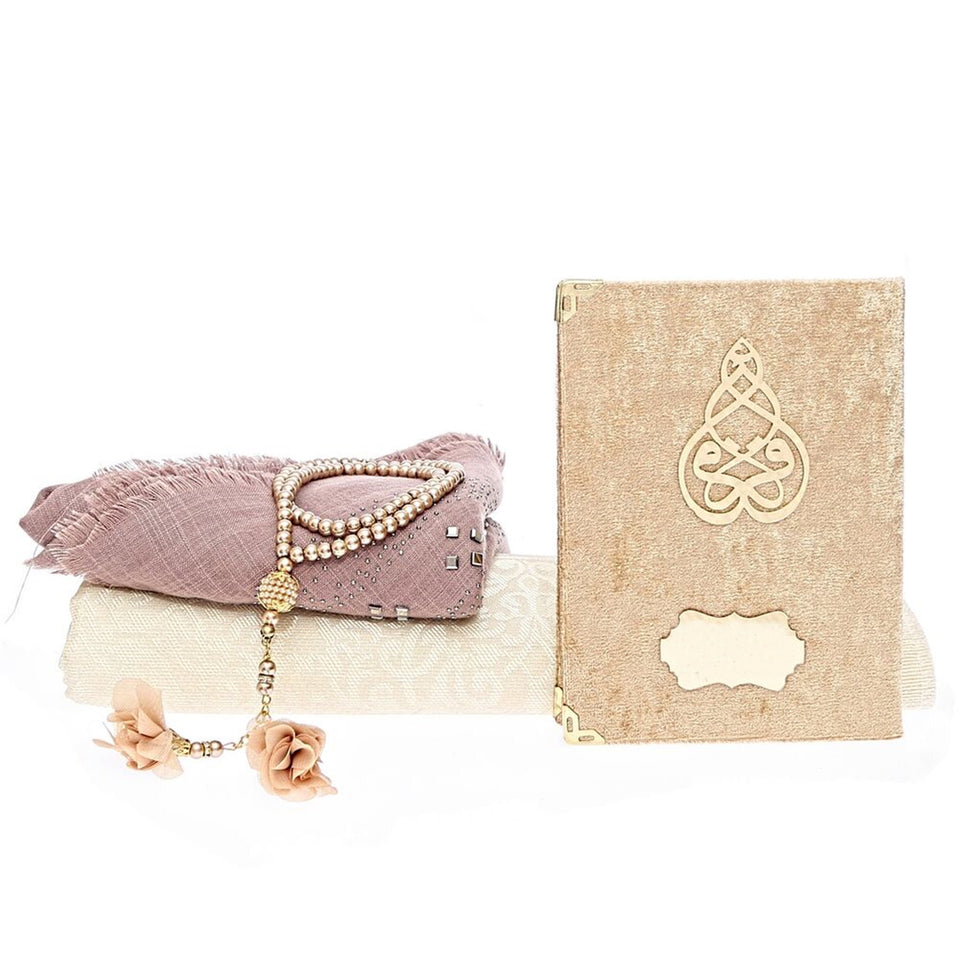 Beige Velvet Yaseen Book Gift Box | Islamic Gift | Prayer Mat | Lux Shawl | Gift For Her | 33 Bead Tasbeeh Set | Personalized Gift